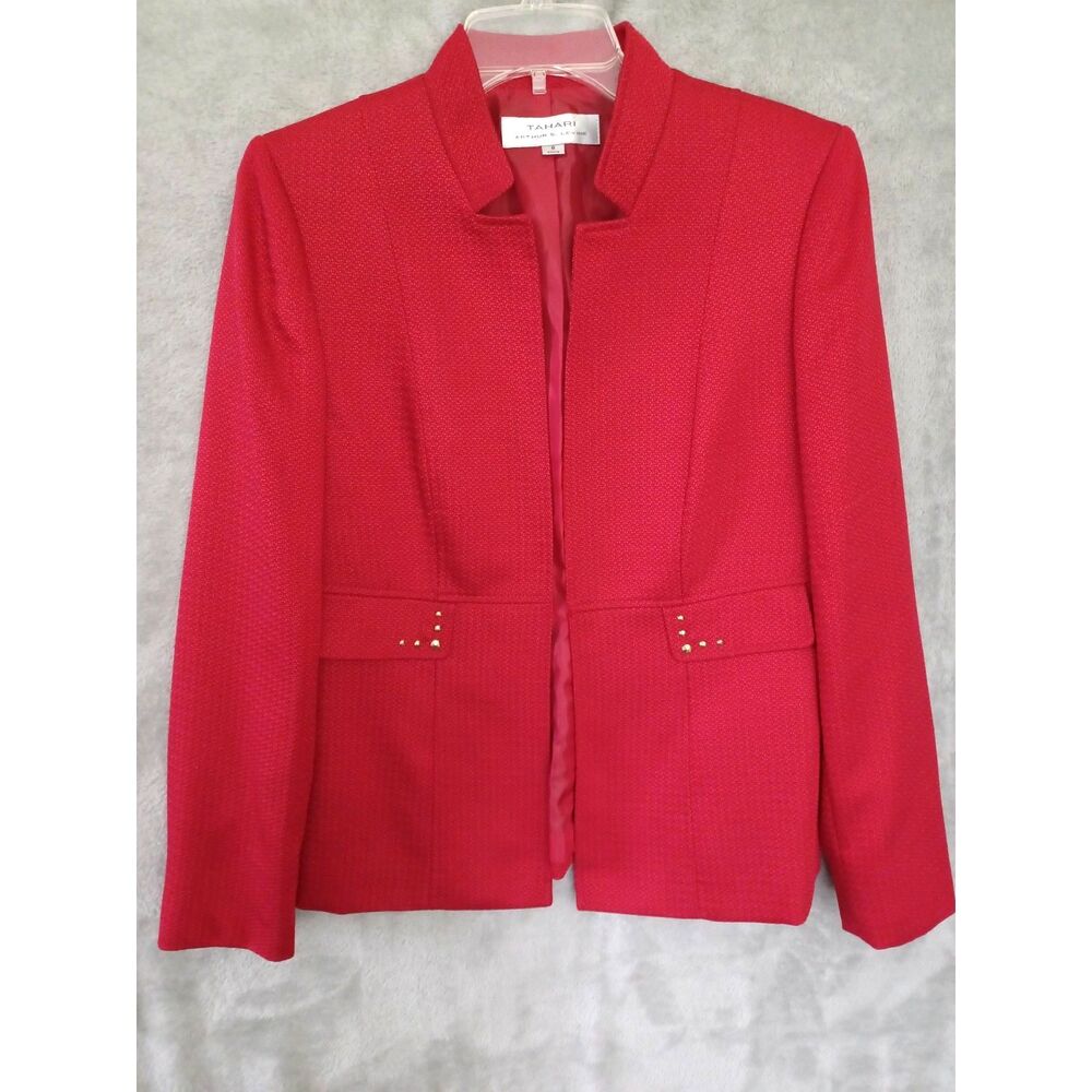 Tahari Sz 8 Blazer Red Gold Tweed Evening Career Special Occasion Classic Preppy